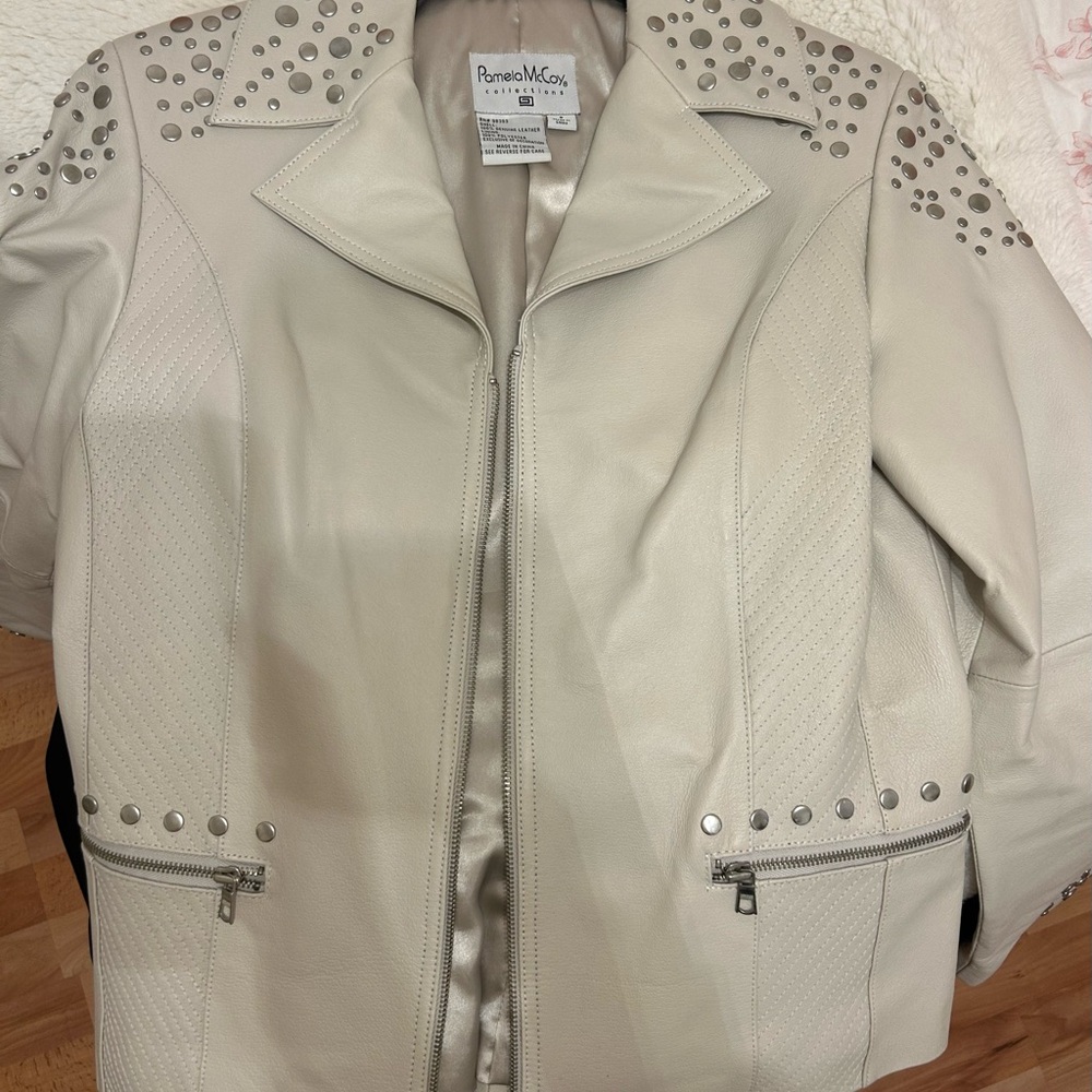 Pamela McCoy Light Beige Studded Leather Jacket